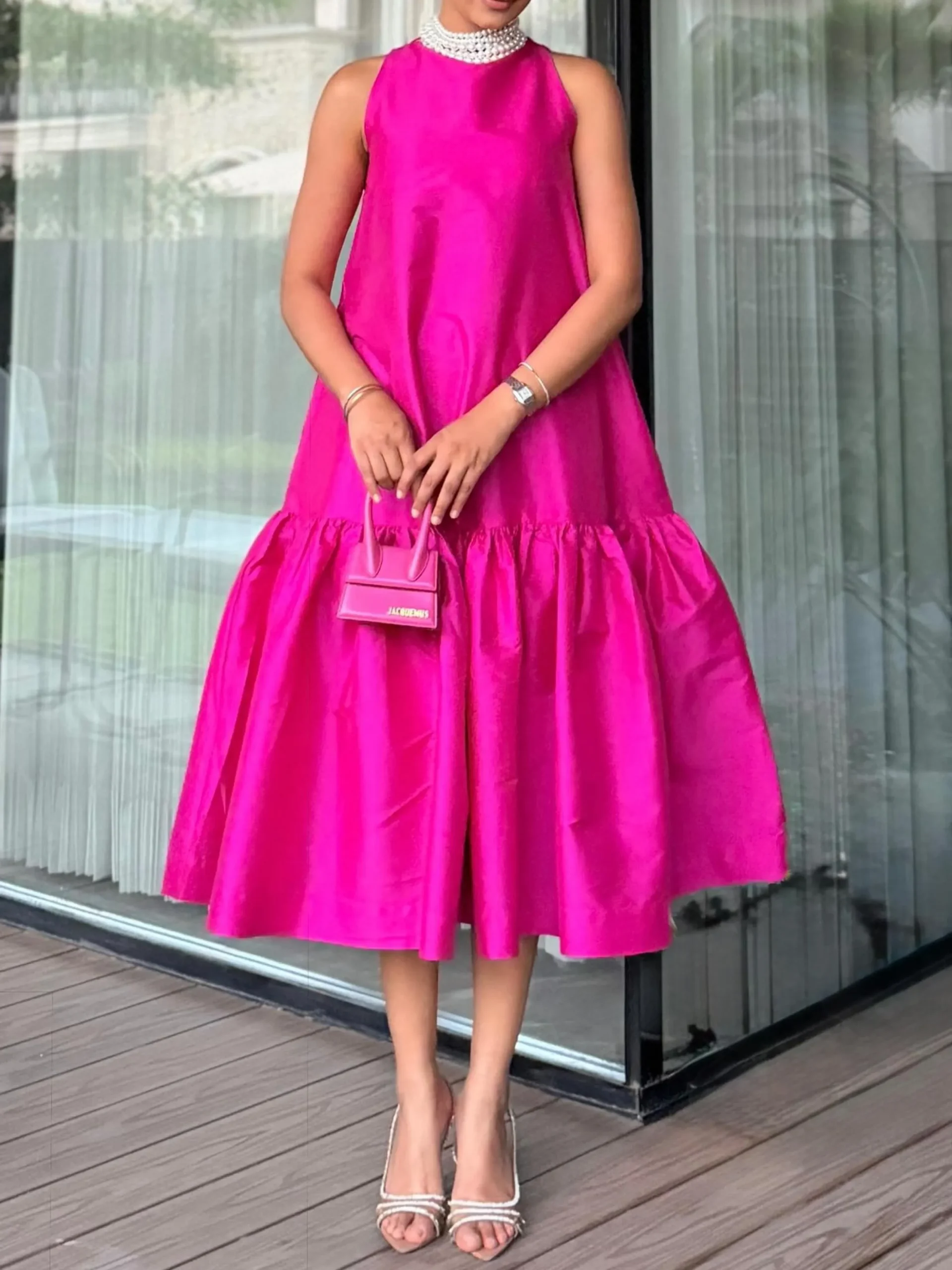Elegant Plain Ruched Crew Neck Midi Dress No With Pearl Chocker