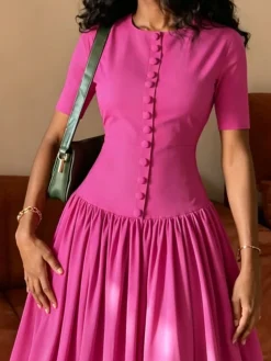 Elegant Plain Ruched Crew Neck Midi Dress