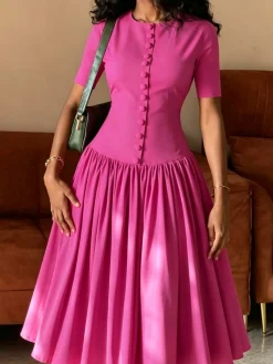 Elegant Plain Ruched Crew Neck Midi Dress