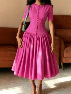Elegant Plain Ruched Crew Neck Midi Dress