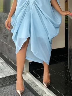 Elegant Plain Ruched V Neck Midi Dress