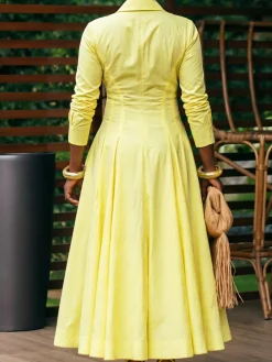 Elegant Plain Shirt Collar Three Quarter Sleeve Maxi Dress