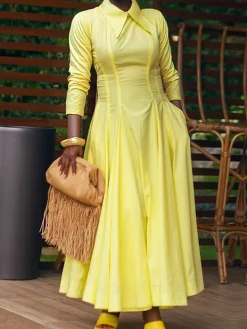 Elegant Plain Shirt Collar Three Quarter Sleeve Maxi Dress