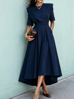 Elegant Plain Shoulder Pad Maxi Dress