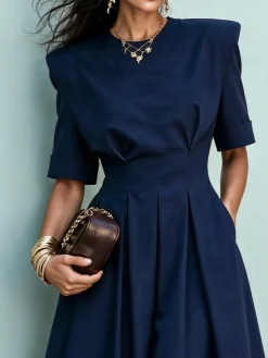 Elegant Plain Shoulder Pad Maxi Dress