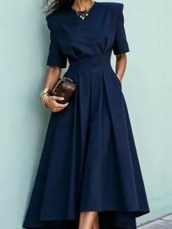 Elegant Plain Shoulder Pad Maxi Dress