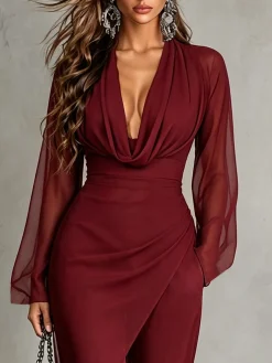 Elegant Plain Side-Slit Cowl Neck Blouse