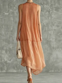 Elegant Plain Split Joint Crew Neck Midi Dress