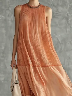 Elegant Plain Split Joint Crew Neck Midi Dress