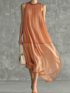 Elegant Plain Split Joint Crew Neck Midi Dress