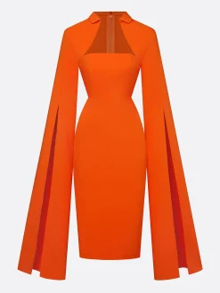 Elegant Plain Split Sleeves Shawl Collar Midi Dress
