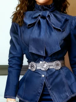 Elegant Plain Stand Collar Denim Coat