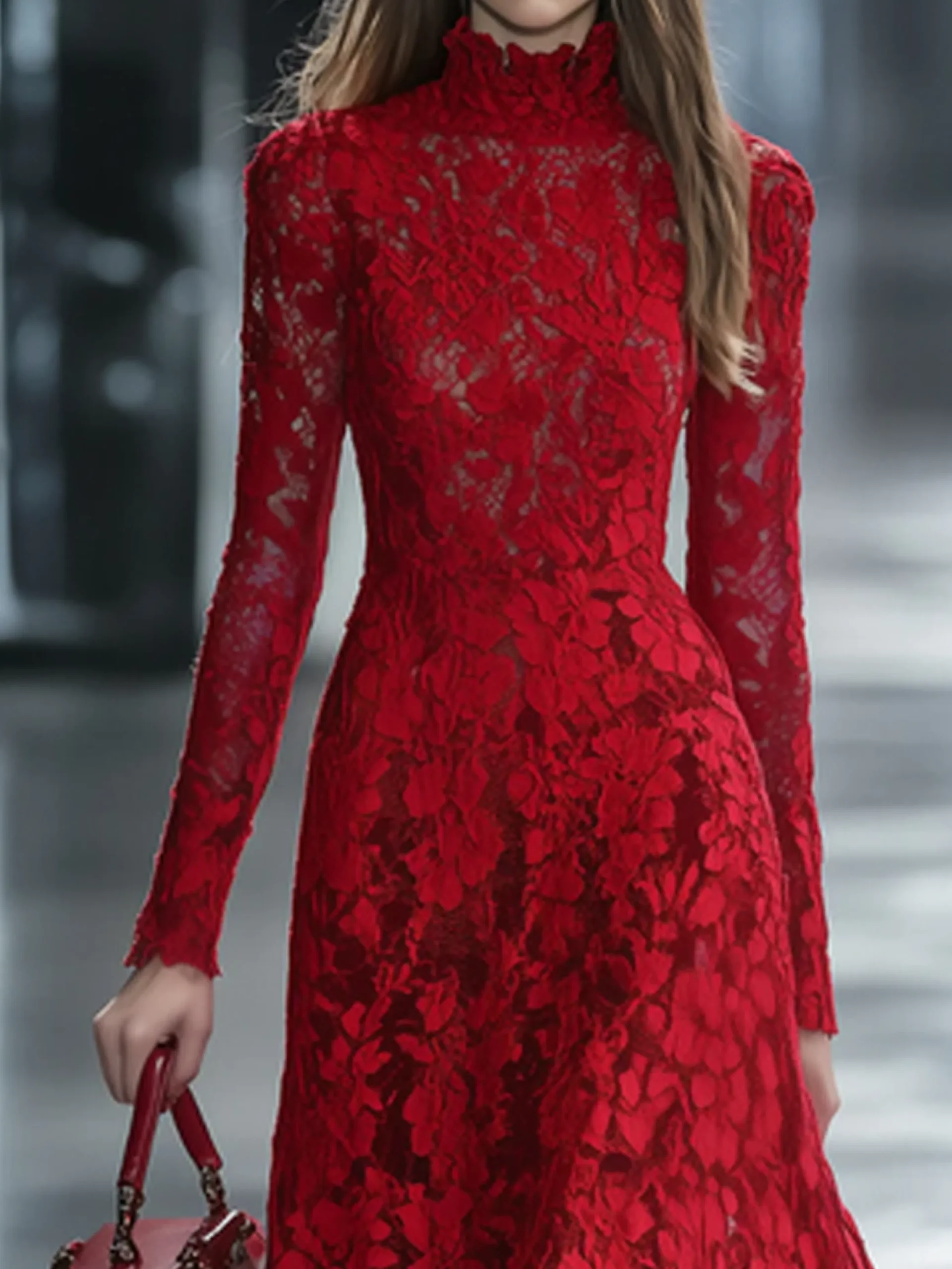 Elegant Plain Stand Collar Midi Dress