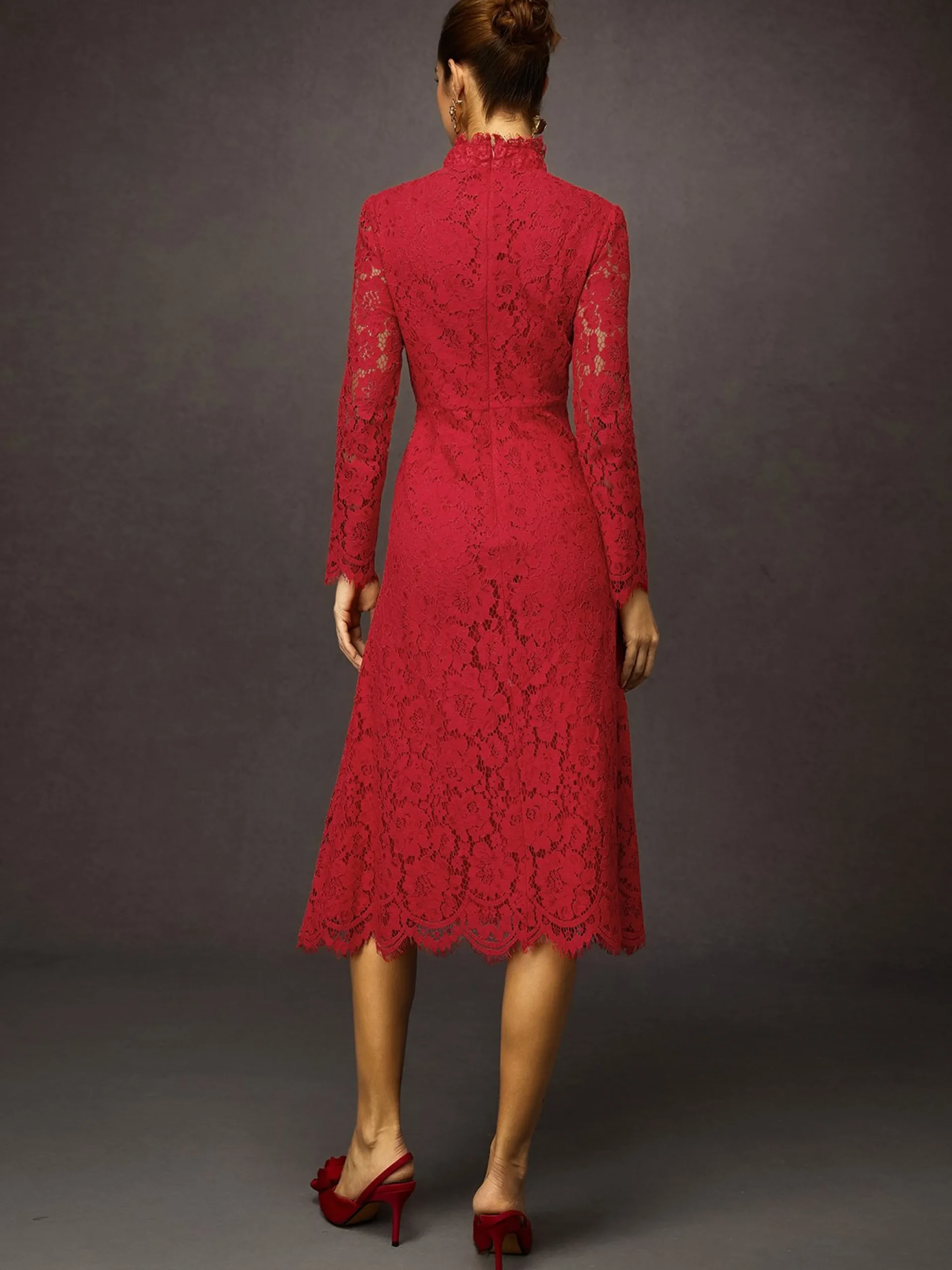 Elegant Plain Stand Collar Midi Dress