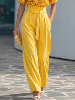 Elegant Plain Straight Pants With Belt