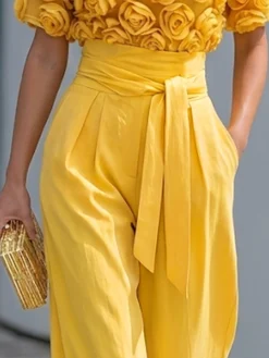 Elegant Plain Straight Pants With Belt