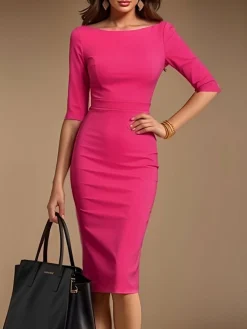 Elegant Plain Tight Boat Neck Knee Length Dress