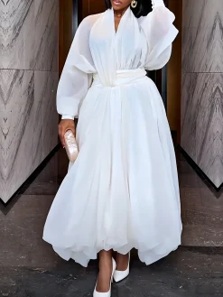 Elegant Plain V Neck Maxi Dress