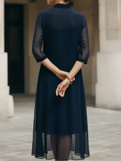 Elegant Plain V Neck Midi Dress