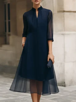 Elegant Plain V Neck Midi Dress