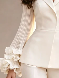 Elegant Pleated Plain Lapel Collar Blazer