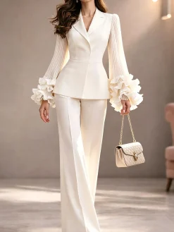 Elegant Pleated Plain Lapel Collar Blazer
