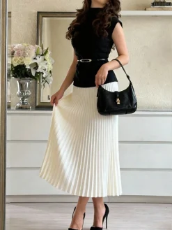 Elegant Pleated Plain Midi Skirt