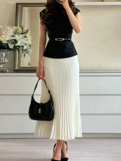Elegant Pleated Plain Midi Skirt