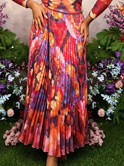 Elegant Pleated Random Print Maxi Skirt