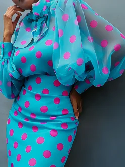 Elegant Polka Dot Balloon Sleeve Blouse Crew Neck Summer Top