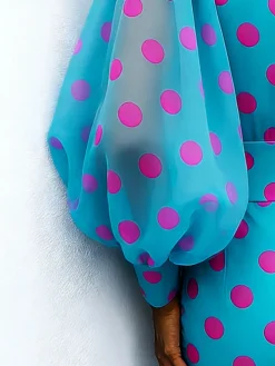 Elegant Polka Dot Balloon Sleeve Blouse Crew Neck Summer Top