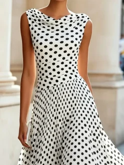 Elegant Polka Dots Cowl Neck Midi Dress