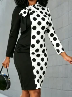 Elegant Polka Dots Polka Dot Tie Neck Knee Length Dress With No Belt