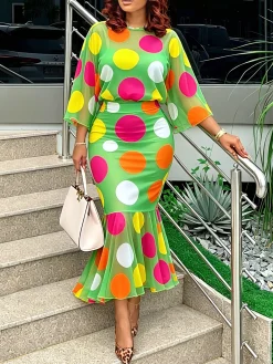 Elegant Polka Dots Printing Crew Neck Blouse