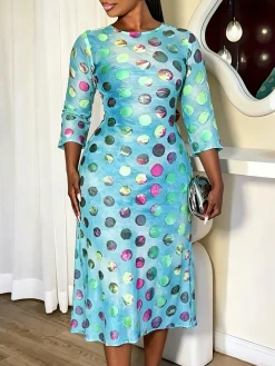 Elegant Polka Dots Printing Crew Neck Midi Dress