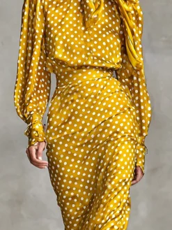 Elegant Polka Dots Printing Lace-up Crew Neck Blouse