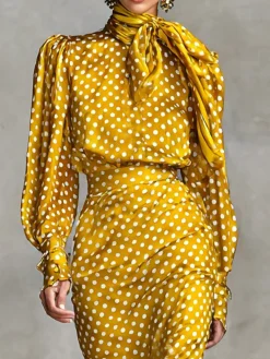 Elegant Polka Dots Printing Lace-up Crew Neck Blouse