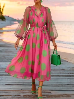 Elegant Polka Dots Printing Midi Dress With Belt