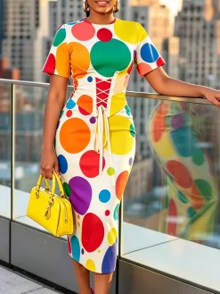 Elegant Polka Dots Printing Slim Fit Midi Dress