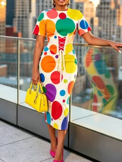 Elegant Polka Dots Printing Slim Fit Midi Dress