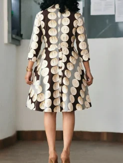Elegant Polka Dots Shirt Collar Knee Length Dress