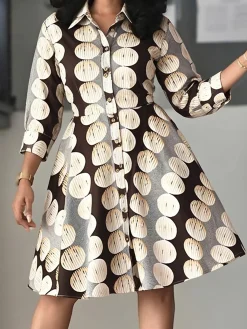 Elegant Polka Dots Shirt Collar Knee Length Dress