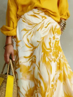 Elegant Printing Botanical Pattern Maxi Skirt