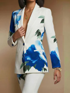 Elegant Printing Floral Lapel Collar Blazer