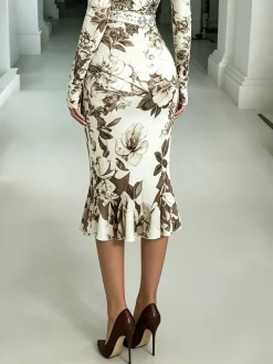 Elegant Printing Floral Midi Skirt no Belt