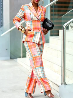 Elegant Printing Plaid Lapel Collar Blazer