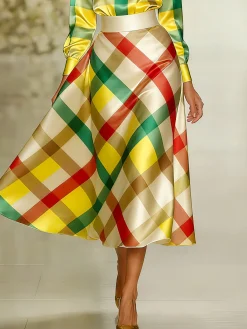 Elegant Printing Plaid Midi Skirt