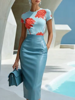 Elegant Printing Plain Midi Skirt