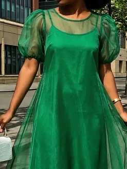 Elegant Puff Sleeve Two-Piece Midi Dress