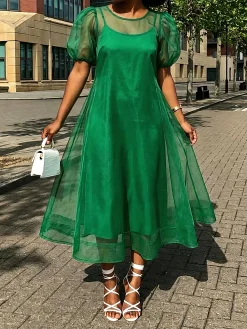 Elegant Puff Sleeve Two-Piece Midi Dress